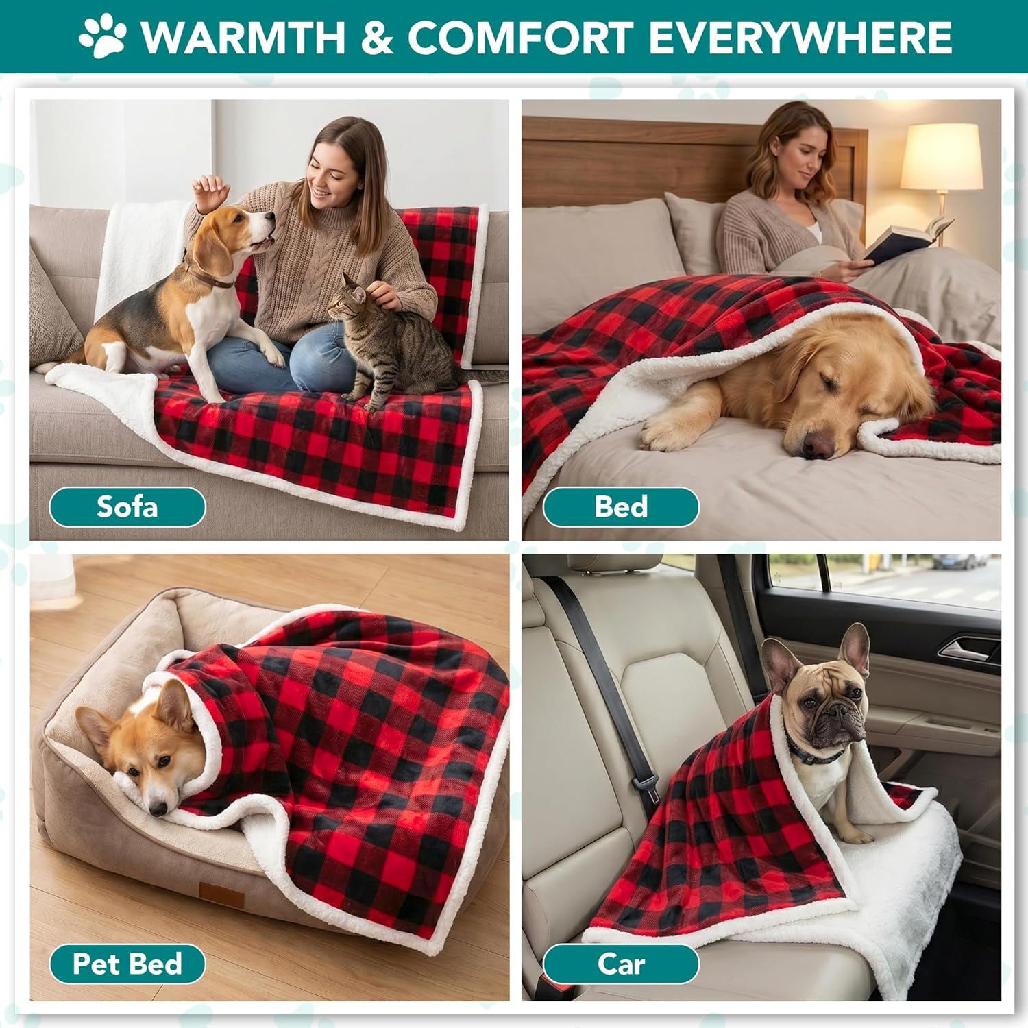 Dog Blanket for Medium Large Dogs, Pet Bed Blanket Cat Puppy Kitten, Fleece Furniture Couch Cover Protector Sofa Car, Soft Sherpa Dog Throw Plush Reversible Washable, 40X60 Checker Red