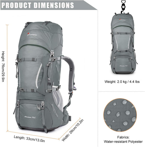 70L Internal Frame Hiking Backpack for Men Women with Rain Cover, 29.9 * 13 * 10.2In, Gray