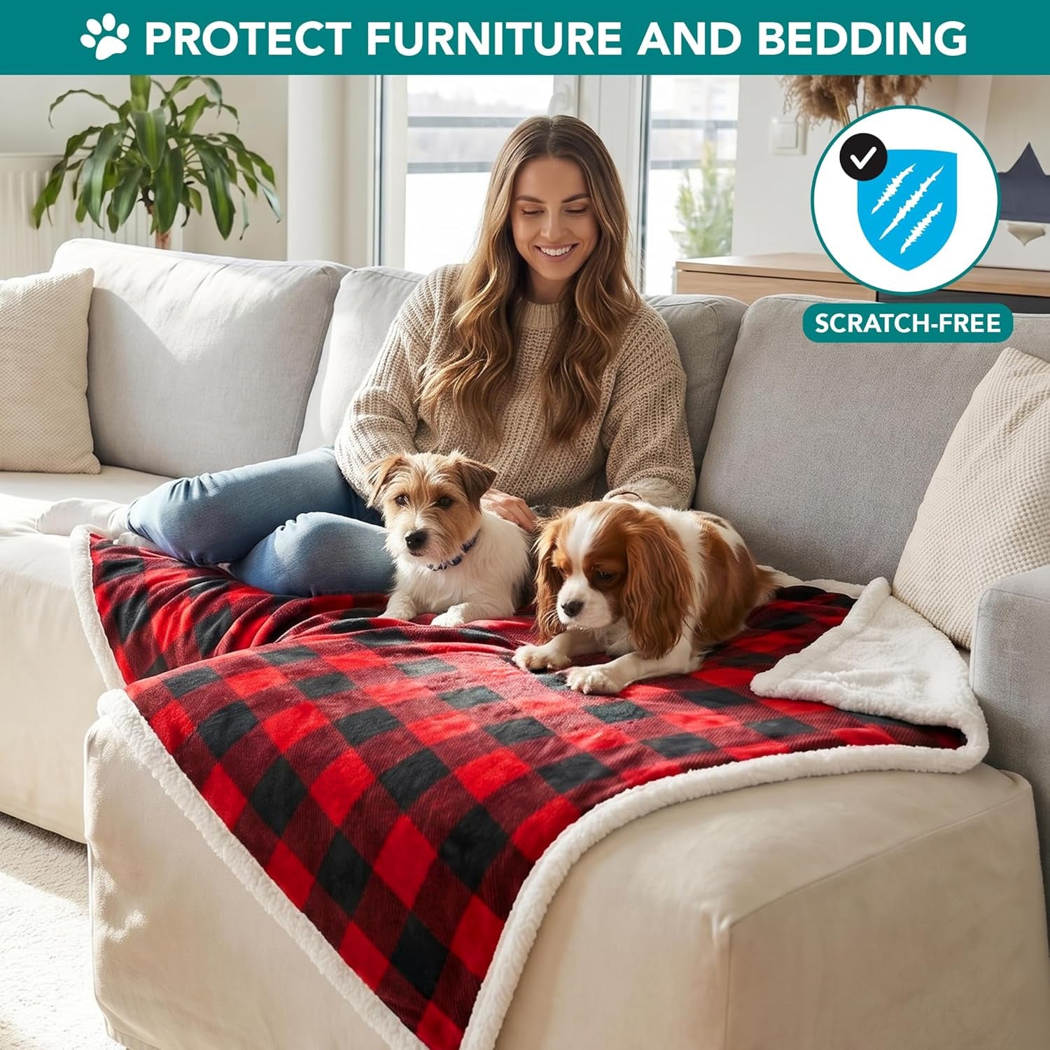 Dog Blanket for Medium Large Dogs, Pet Bed Blanket Cat Puppy Kitten, Fleece Furniture Couch Cover Protector Sofa Car, Soft Sherpa Dog Throw Plush Reversible Washable, 40X60 Checker Red