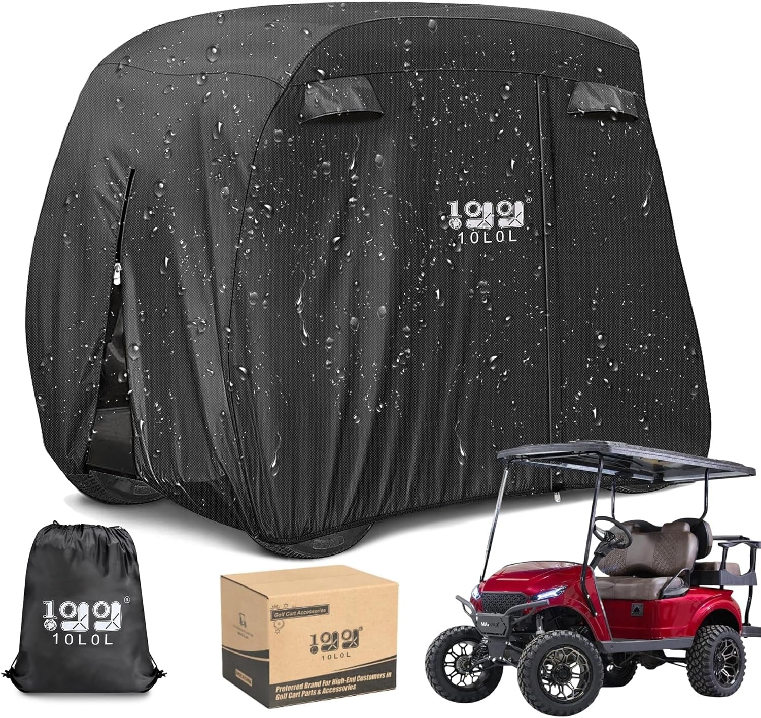 500D Waterproof Golf Cart Cover Universal Fits for Club Car, E-Z GO, Yamaha and Most Brand 4 Passenger All-Weather Polyester Full Cover with Three Zipper Doors