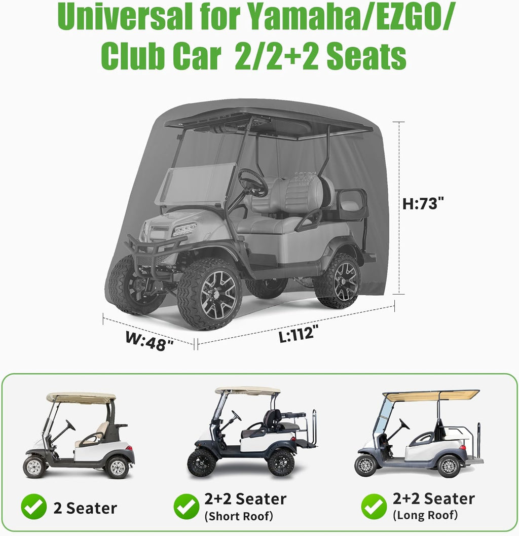 500D Waterproof Golf Cart Cover Universal Fits for Club Car, E-Z GO, Yamaha and Most Brand 4 Passenger All-Weather Polyester Full Cover with Three Zipper Doors